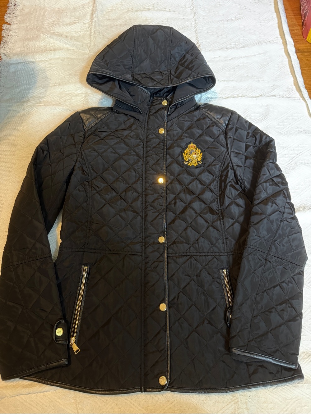 Ralph Lauren Black Quilted Hooded Puffer with Gold Crest